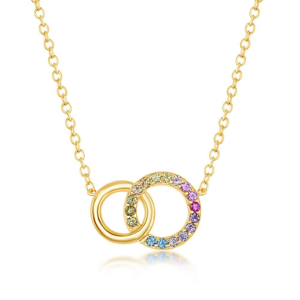 Sterling Silver Gold Plated Rainbow Cubic Zirconia Double Circle Necklace w/Rhodium Finish